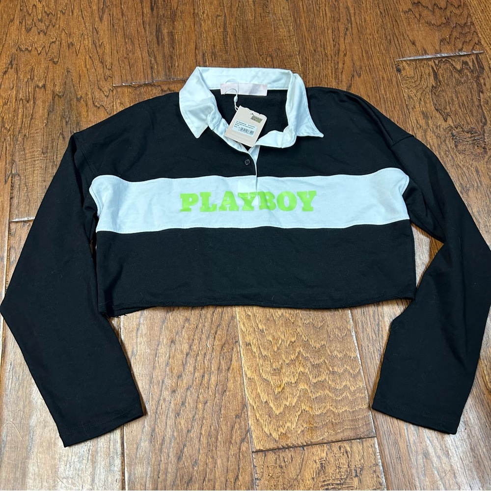 PLAYBOY x missguided slogan graphic rugby collard Crop long sleeve Top